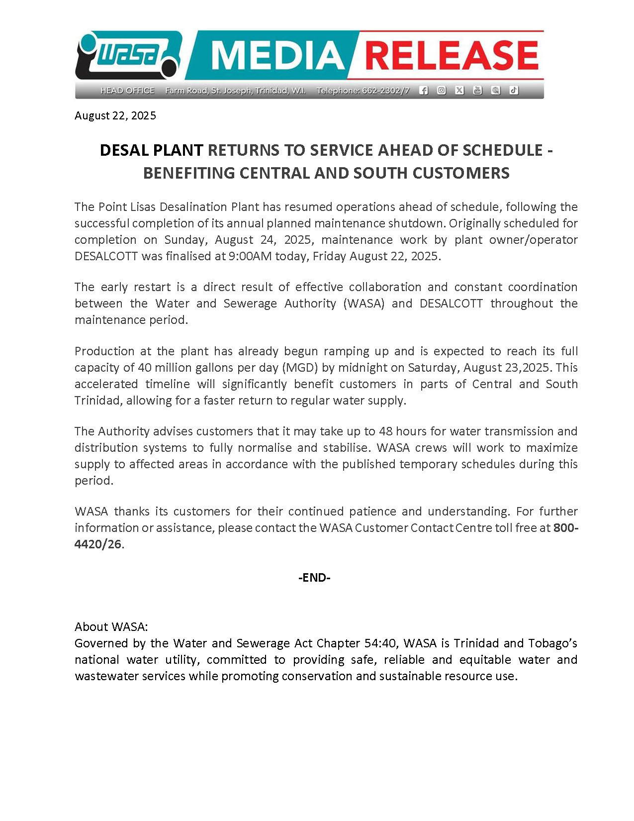 Pt Lisas Desal Plant Returns to Service Ahead of Schedule